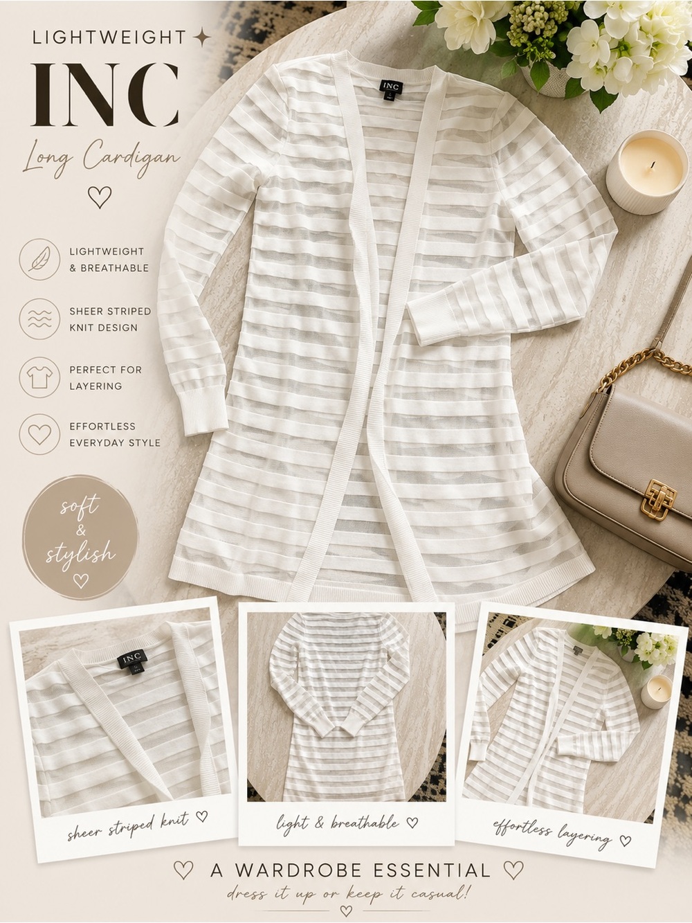 INC International Concepts White Sheer-Striped Open Cardigan